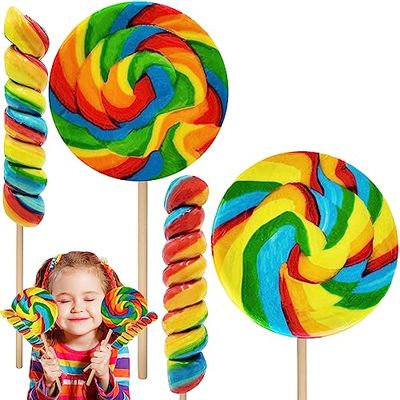 Fruidles Jumbo Rainbow Twist and Swirl Lollipops (6-Pack) 10 inch Jumbo Twist 4 inch Jumbo Round Lollipops, Mixed Fruit Flavor, Individually Wrapped, (110 Grams Per Lollipop)
