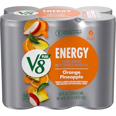 V8 ENERGY Orange Pineapple Energy Drink, Made with Real Vegetable and Fruit Juices, 8 FL OZ Can (Pack of 6)