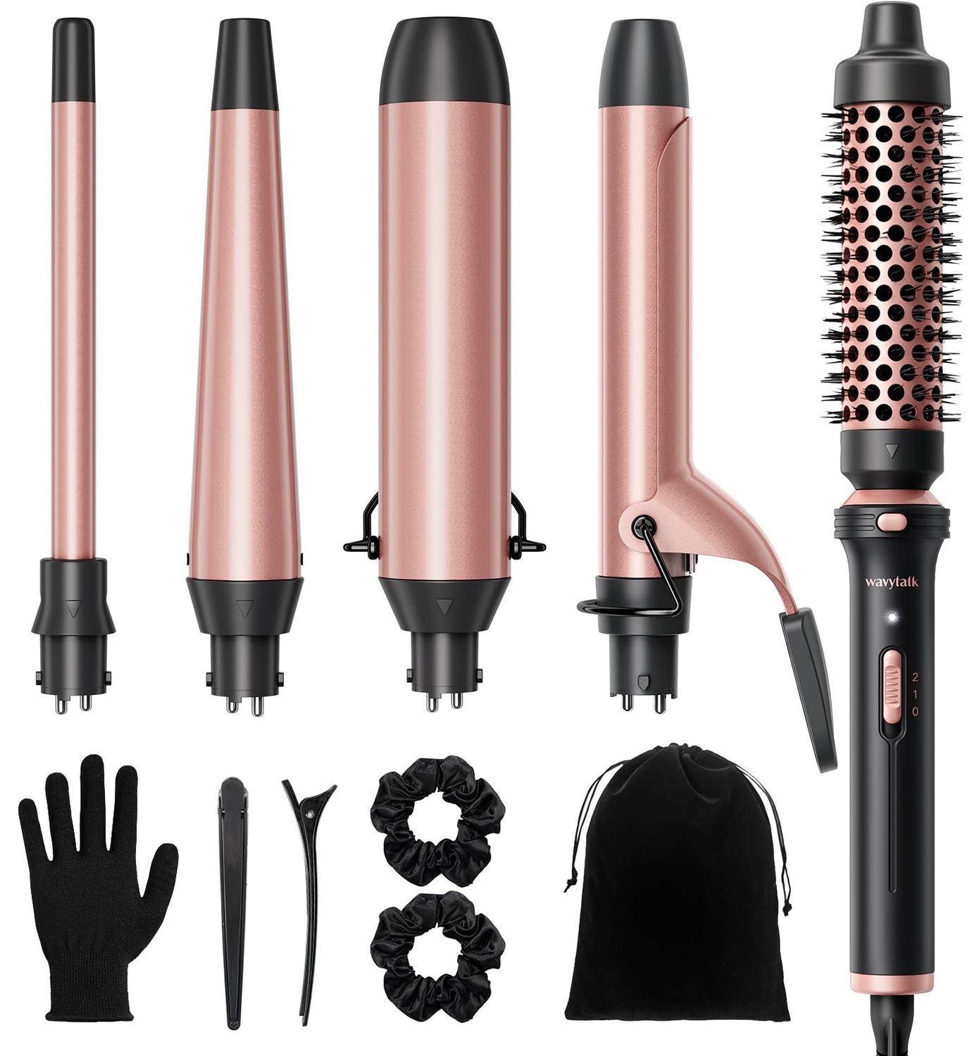 Wavytalk 5 in 1 Interchangeable Ceramic Curling Iron Set with Thermal Brush, 0.5&quot;-1.5&quot; Barrels, Instant Heat Up, Dual Voltage