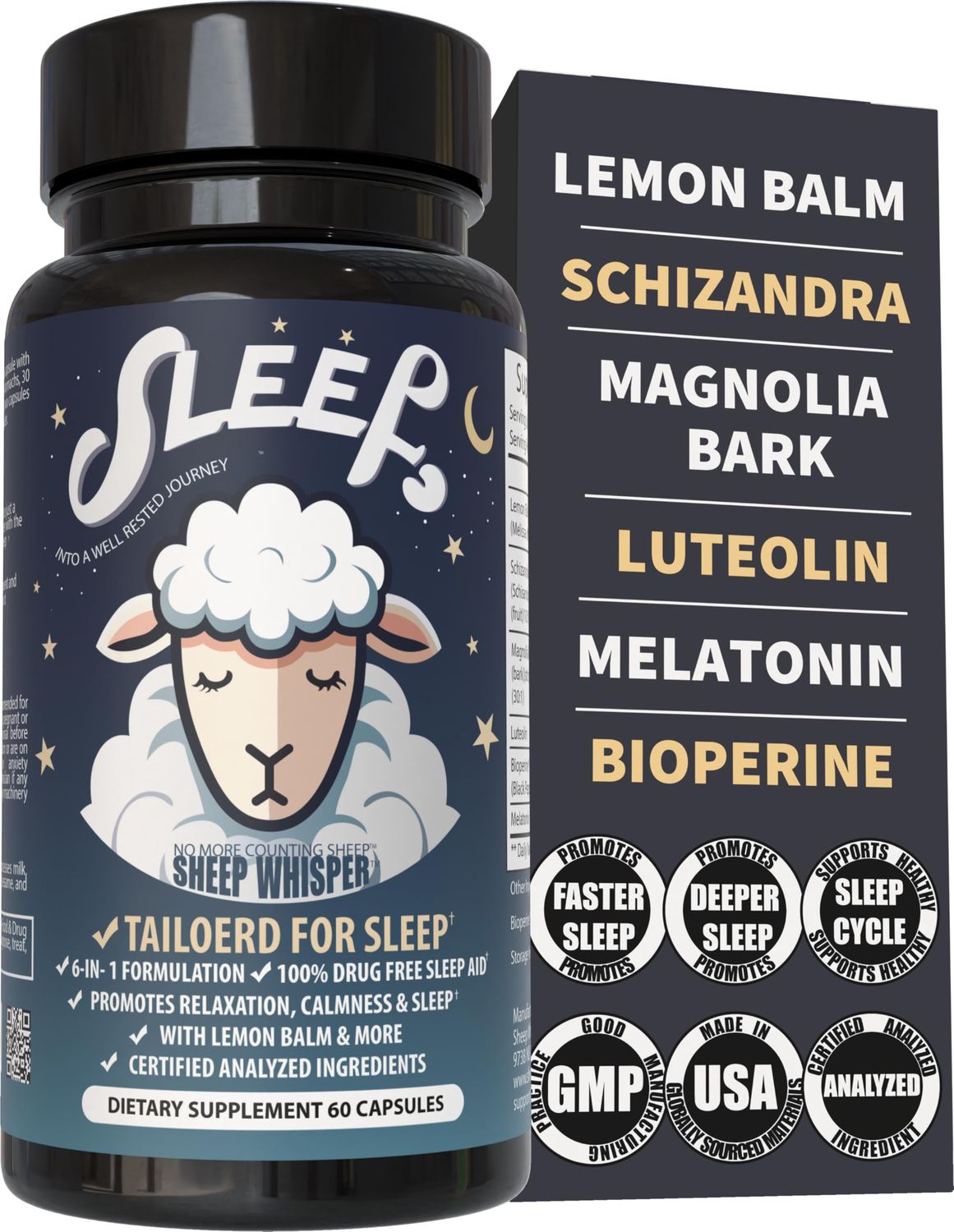 Sheep Whisper Natural Sleep Aid Tailored for Sleep - Melatonin, Lemon Balm, Magnolia Bark, Schizandra, Luteolin Promotes Quick Sleep, Deeper Sleep, Fewer Night Awakenings, Non-Habit Forming, 60 Caps