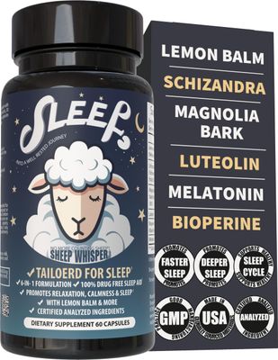 Sheep Whisper Natural Sleep Aid Tailored for Sleep - Melatonin, Lemon Balm, Magnolia Bark, Schizandra, Luteolin Promotes Quick Sleep, Deeper Sleep, Fewer Night Awakenings, Non-Habit Forming, 60 Caps