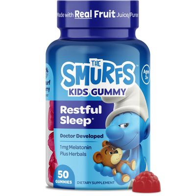 The Smurfs 1mg Melatonin Gummies for Kids with Chamomile Lemon Balm for a Restful Sleep Age 3 Non-Habit Forming Made with Real Fruit in a Smurf Berry Doctor Developed 50 Vegetarian Gummy