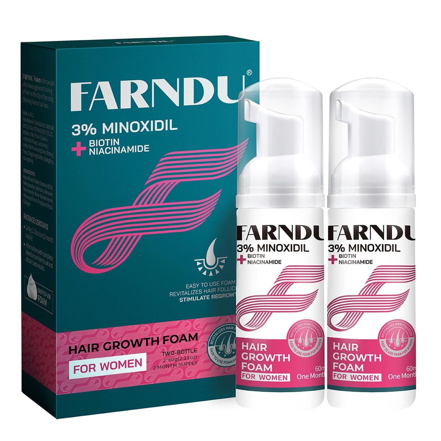 Farndu 3 Minoxidil Foam for Women with Biotin Niacinamide - Powerful Hair Growth Treatment for Thicker, Fuller, and Healthier Hair, 2 Pack of 60 ml 2.11 oz