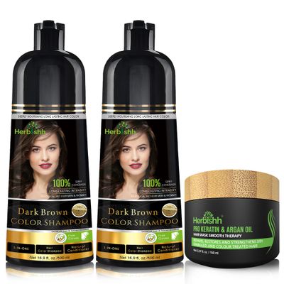 Combo Pack - Herbishh Dark Brown Hair Dye Shampoo Argan Intense Hair Mask - Stimulates Dry, Frizzy Hair - Long-lasting Color in Minutes - 500ml