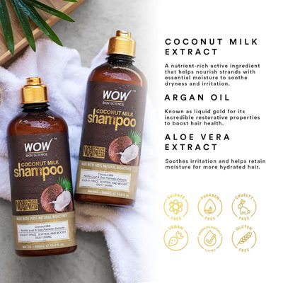 WOW Skin Science Natural Coconut Milk Shampoo For Hair Growth, Curly Wavy Hair, Men Women - Hydrating Shampoo with No Sulfates, No Parabens (16.9 Fl Oz (Pack of 2))