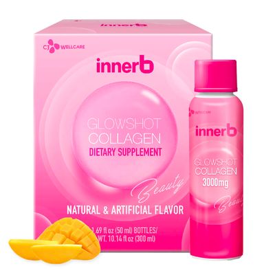 CJwellcare Innerb Glowshot Collagen (10.1 fl oz, 6 Servings) - Marine Liquid Collagen for Women, 3,000mg Collagen Peptides, Collagen Shots for High Absorption, Hair, Skin Nails Supplement