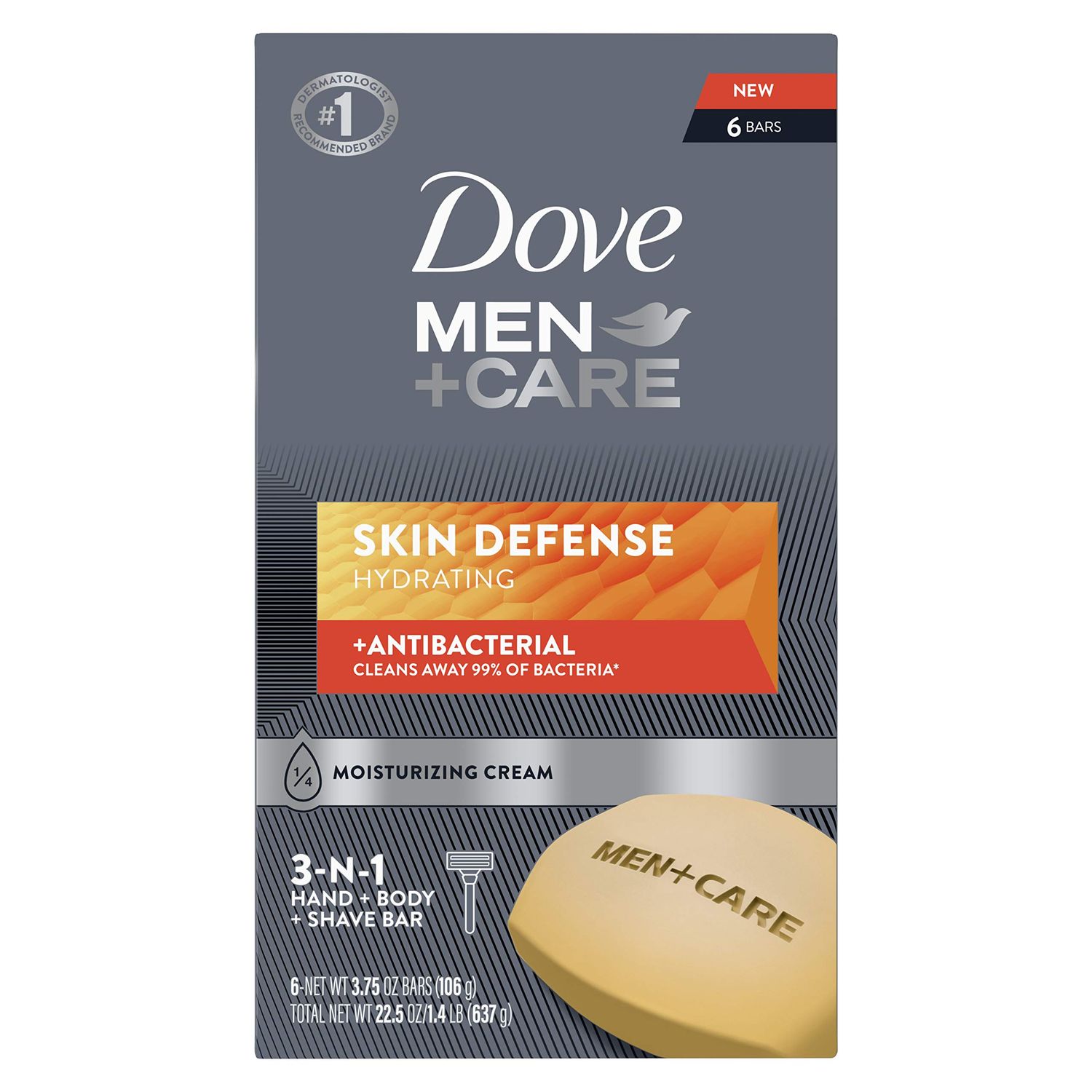 Dove MenCare Soap Bar For Smooth, Hydrate Nourishing the Skin - Defense Effectively Washes Away Bacteria, Cream, 3.75 Oz, 6 Count
