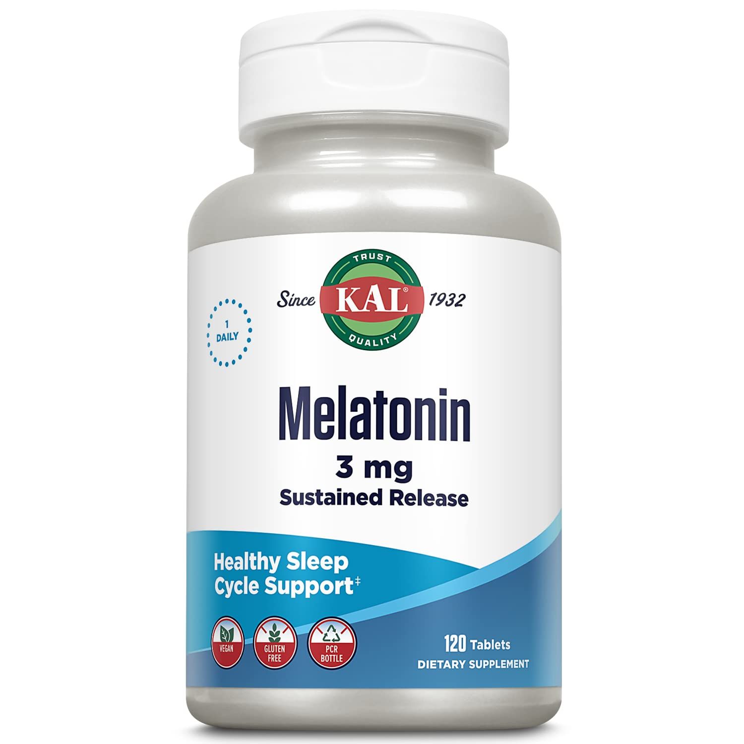 KAL Melatonin 3mg Sustained Release Sleep Aid, Melatonin Supplement Supports Healthy Relaxation, a Calm Feeling and a Proper Sleep Cycle, wAdded Vitamin B6, Vegan, Gluten Free, 120 Serv, 120 Tablets