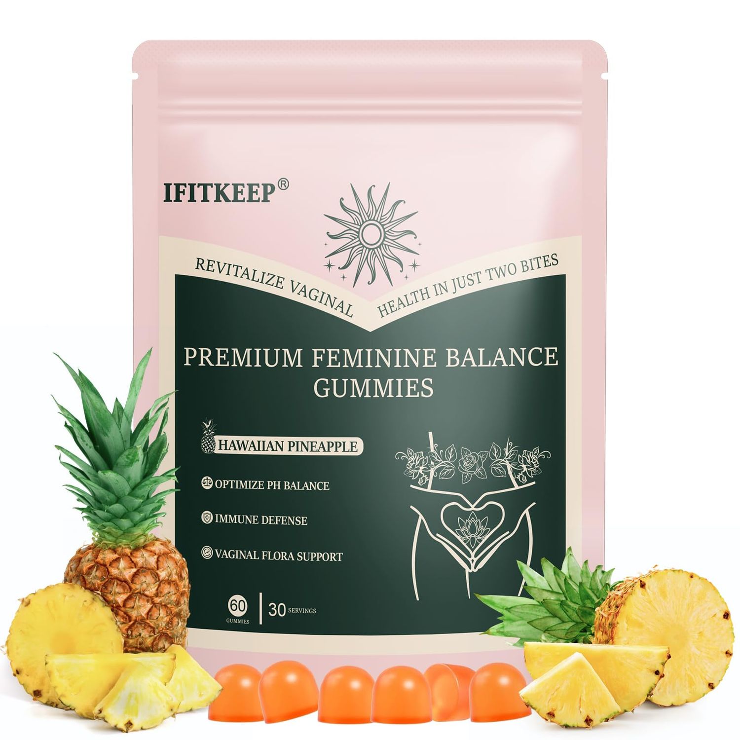 IFITKEEP Premium Feminine Balance Gummies for Womens Health Wellness Hawaiian Pineapple Gummies,Immune Support,Vegan, Gluten-Free Halal,60 Gummies - 30 Day Supply