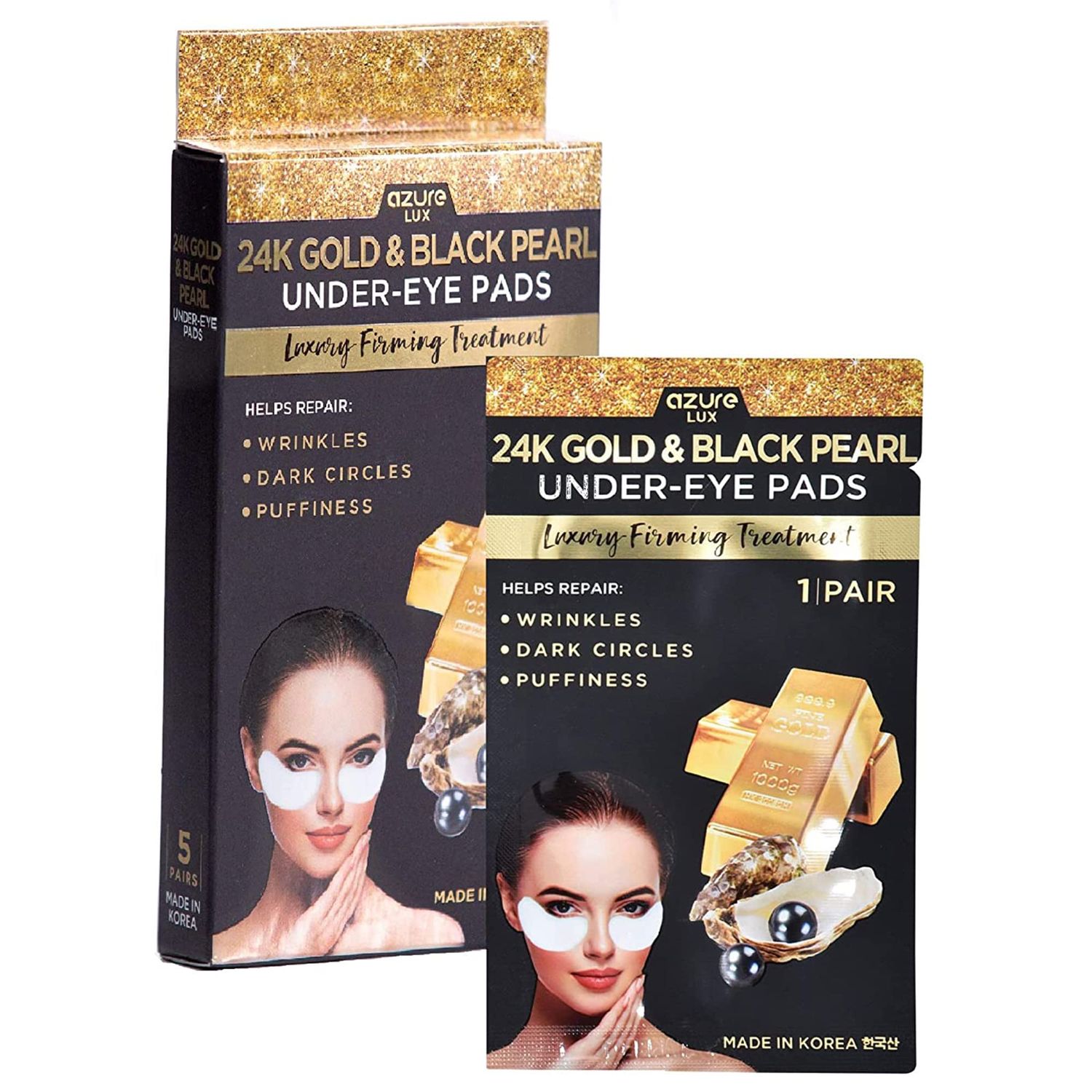 Azure Cosmetics 24K Gold Black Pearl Luxury Firming Under Eye Pads - Moisturizing Restoring Eye Mask Patches - Reduces Fine Lines, Wrinkles, Dark Circles Puffiness - Made in Korea - 5 Pairs