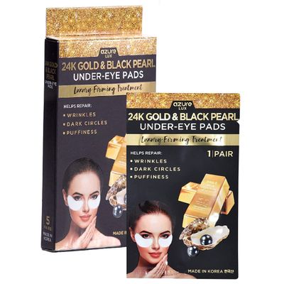 Azure Cosmetics 24K Gold Black Pearl Luxury Firming Under Eye Pads - Moisturizing Restoring Eye Mask Patches - Reduces Fine Lines, Wrinkles, Dark Circles Puffiness - Made in Korea - 5 Pairs