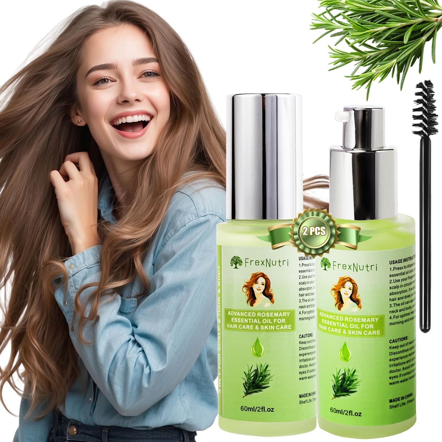 FrexNutri Rosemary Essential Oil for Hair Growth, Nourishing and Strengthening with Precision Press Dispenser, Rosemary Oil Organic - Non Greasy 60 ML (Pack of 2), Intense and Natural Rosemary Scent
