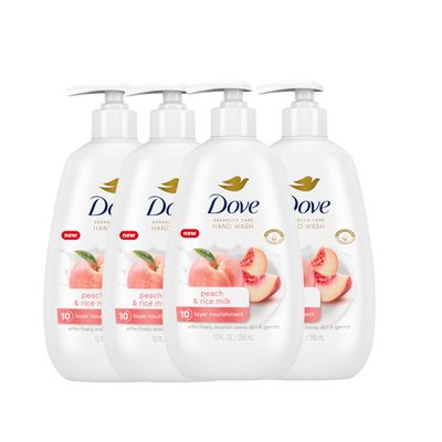 Dove Advanced Care Hand Wash Peach Rice Milk 4 Count for Washing Away Dirt Germs While Nourishing Skin 10 Layers Deep, with Moisture Boost 5X Complex