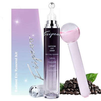 Eye Serum for Dark Circles and Puffiness, Caffeine Eye Serum Infused Collagen and Niacinamide with Ice Globe for Puffy Eyes Treatment for Women (0.5 FL OZ, Light Coffee)