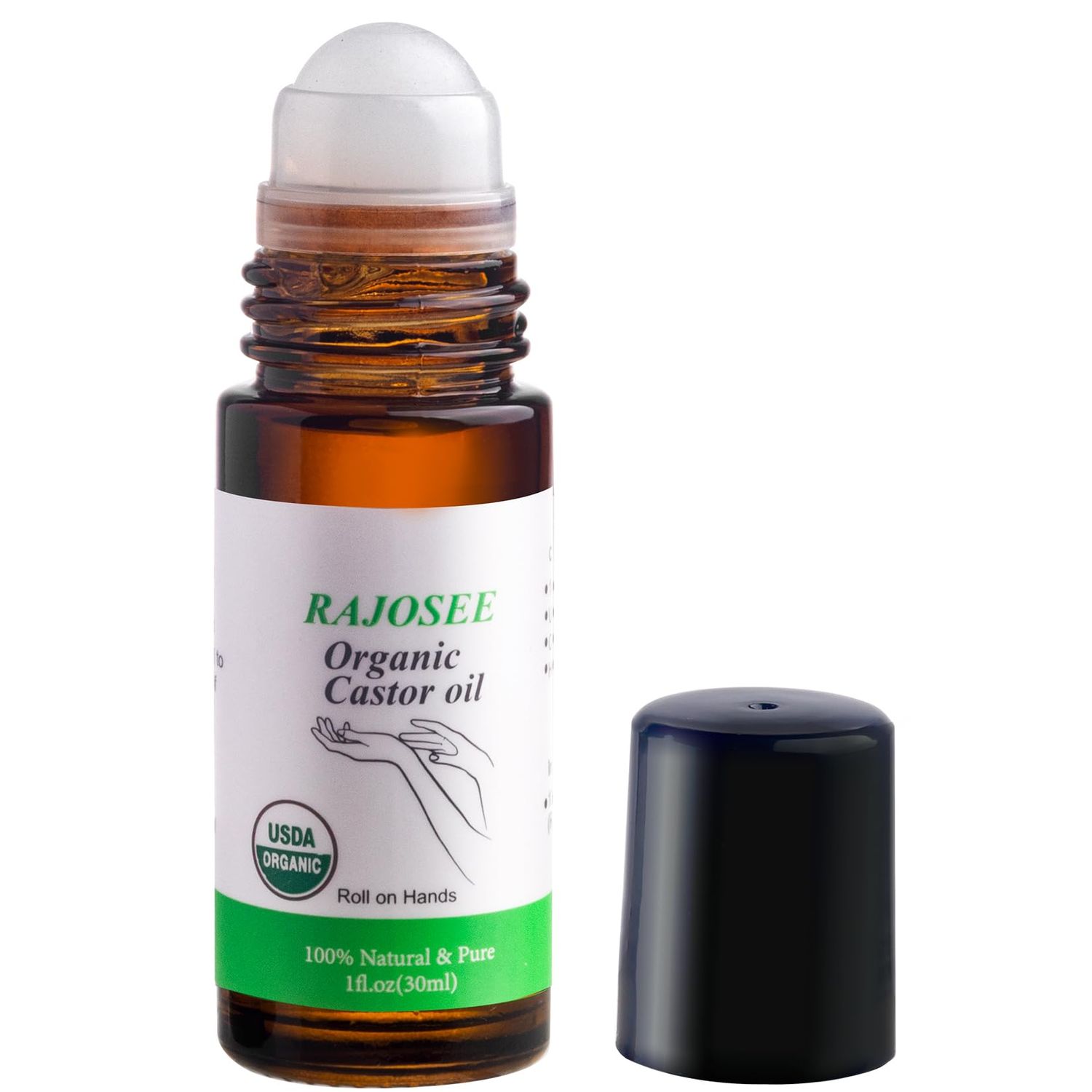 RAJOSEE Castor Oil Roll on in Glass Bottle, Certified Organic Castor Oil Roller for Body Hair Skin Lip Eyebrow Pure Organic Cold Pressed Essential Oil - 1fl.oz