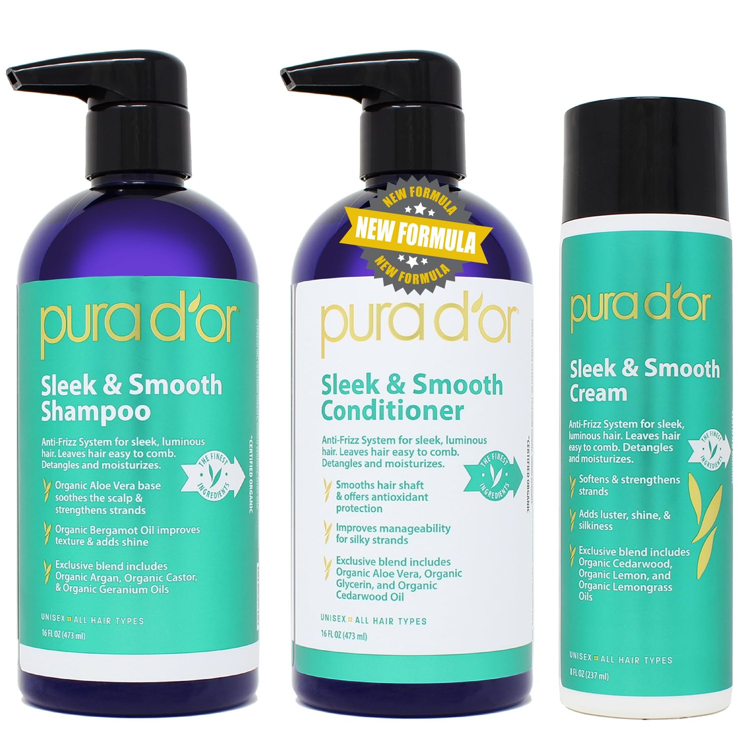 PURA D&#39;OR 3-Piece Complete Set (Shampoo, Conditioner, Cream) For Sleek Smooth, Frizz-Free, Silky Hair - Infused with Organic Aloe Vera, Argan, Castor, Bergamot Geranium Oils