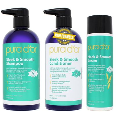 PURA D&#39;OR 3-Piece Complete Set (Shampoo, Conditioner, Cream) For Sleek Smooth, Frizz-Free, Silky Hair - Infused with Organic Aloe Vera, Argan, Castor, Bergamot Geranium Oils