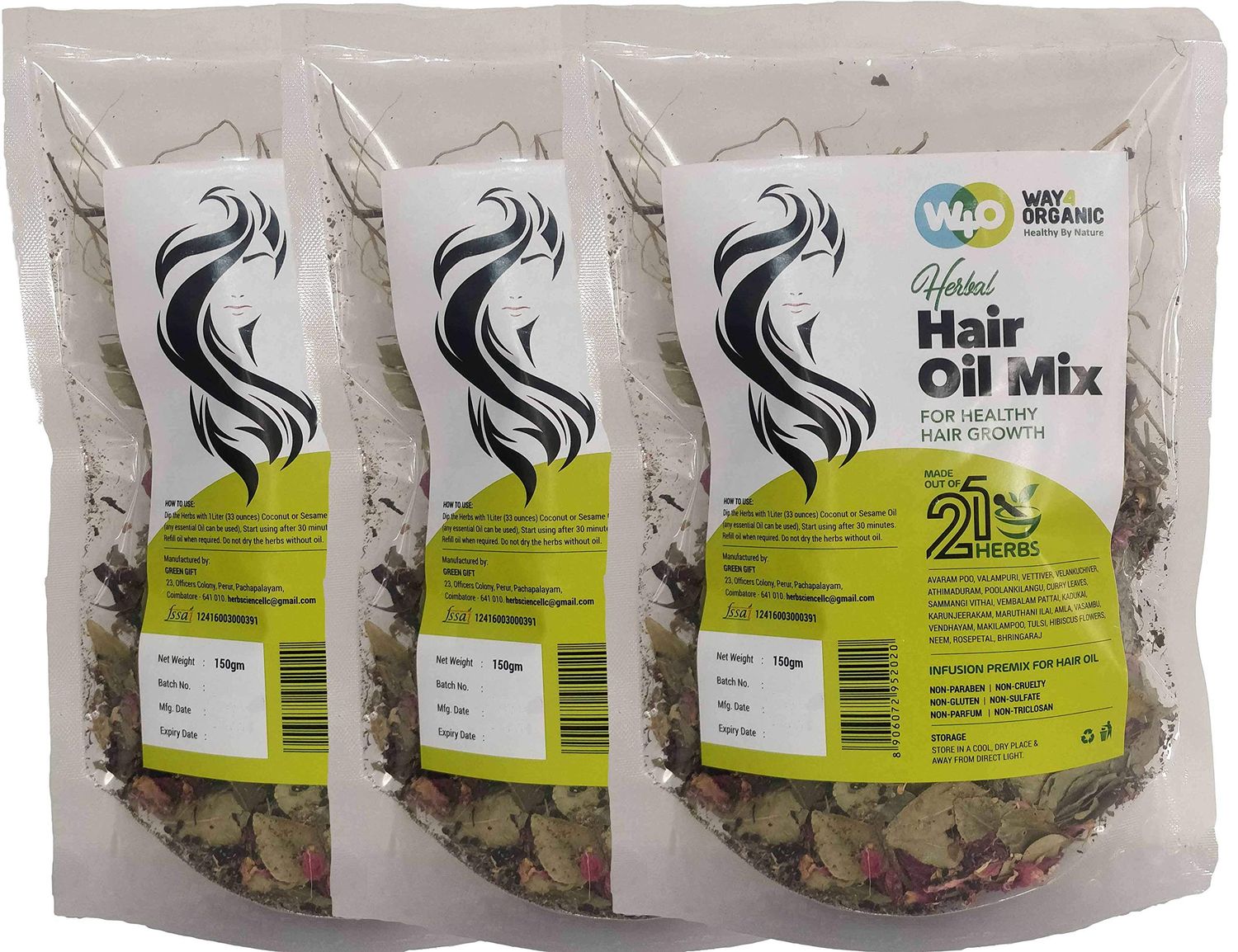 Herbal Hair Oil Mix of 21 Herbs for Thick Long Hair Growth 150 grams(3 Pack), Hairfall, Hair Repair, Scalp Care, Haircare Both for Men Women - Way4Organic