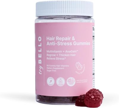 Trybello Anti-Stress Hair Growth Gummies for Women Sugar-Free, Vegan Hair Supplements Gluten-Free, Soy-Free, Dairy-Free Gummy Vitamins for Thicker, Healthier Hair 30 Servings