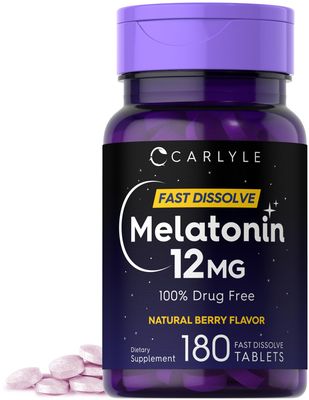 Carlyle Melatonin 12 mg Fast Dissolve 180 Tablets Drug Free Natural Berry Flavor Vegetarian, Non-GMO, Gluten Free