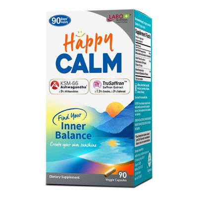 LABO Nutrition Happy Calm with KSM-66 Ashwagandha, Saffron Extract and Black Pepper Extract for Stress, Cognitive Health, Immune Boost, Quality Sleep, 5 Withanolides, 90 Vegan Capsule