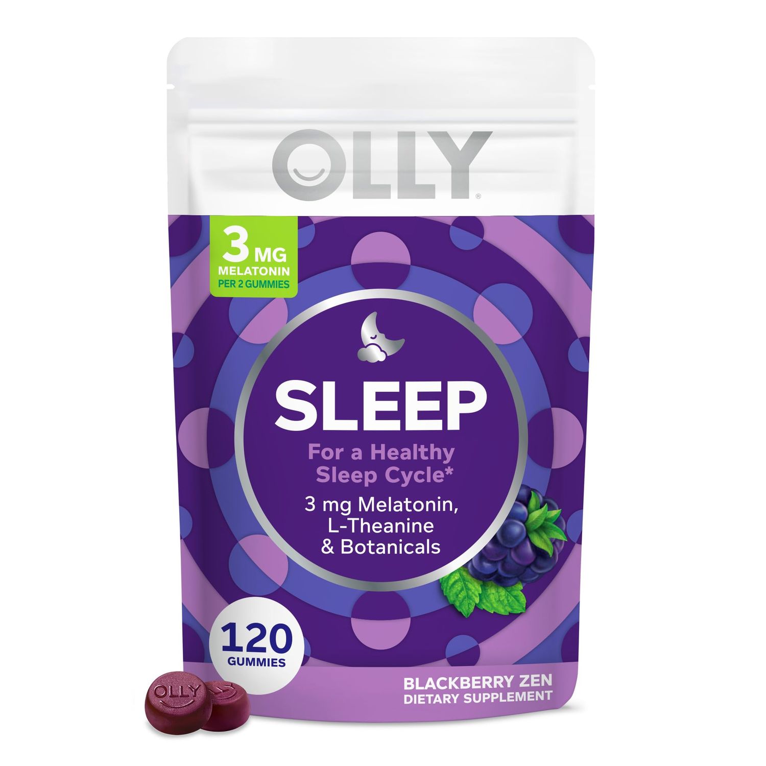 Olly Sleep Gummy, 3 mg Melatonin, L-Theanine, Chamomile, and Lemon Balm Extracts, BlackBerry Flavor, 60 Day Supply - 120 Count