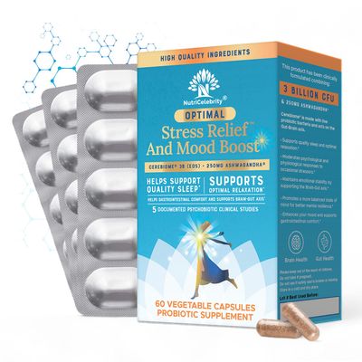 Nutricelebrity Optimal Stress Relief Supplement, Mood Support, Sleep Aid, Ashwagandha Organic, KSM-66, Brain Focus, Probiotics for Women, Gut Health, Vegan Non GMO 60 Days Supply