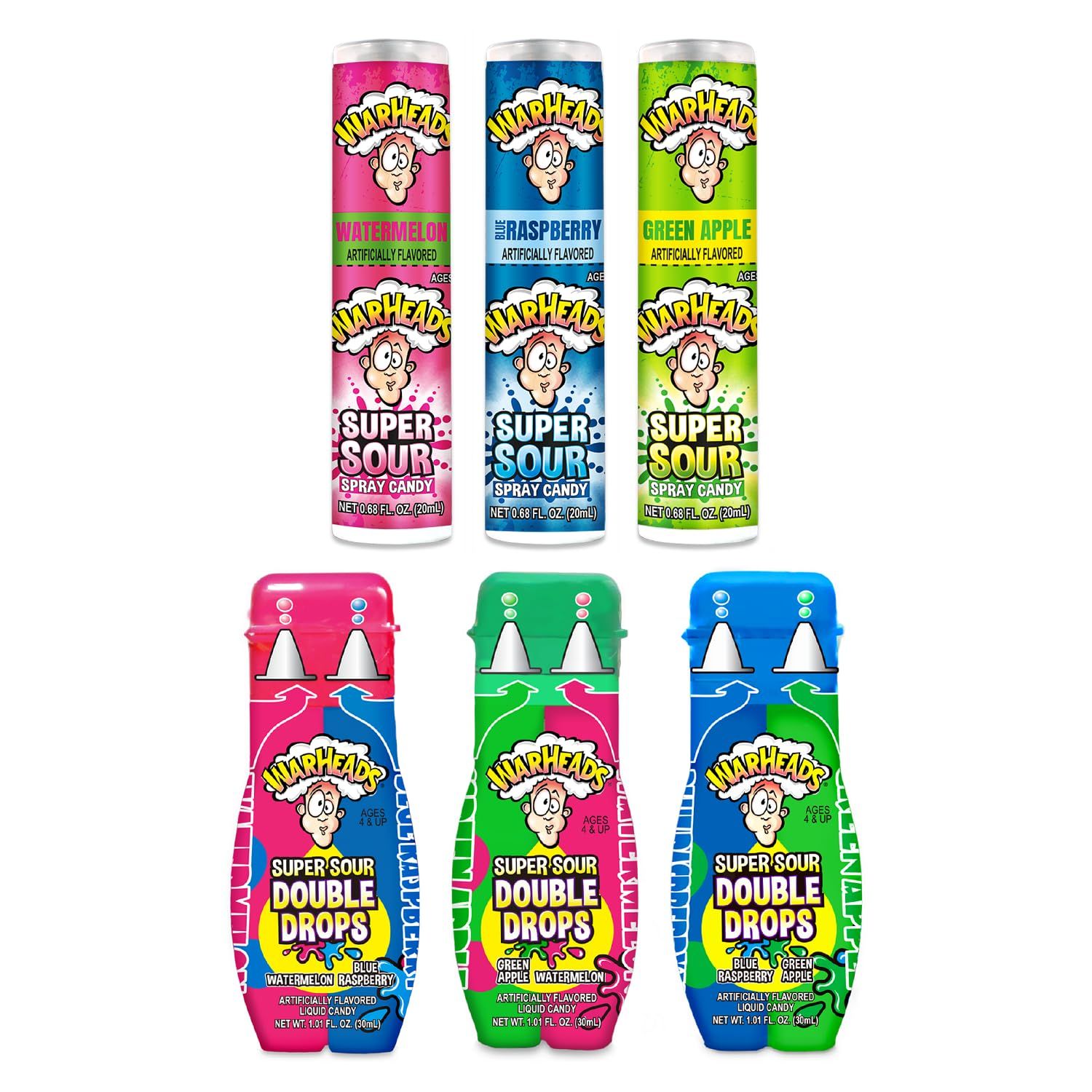WARHEADS Super Sour Double Drops Candy Spray Sampler - Assorted Fruity Flavored Liquid Candy - 6 Pack with 1 of Each