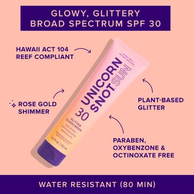 Unicorn Snot Glitter Sunscreen Lotion - SPF 30 Shimmer Sunscreen for Face Body Glow - UVAUVB Protection - Water Resistant, Cruelty Free - Made in USA - Rose Gold Shimmer