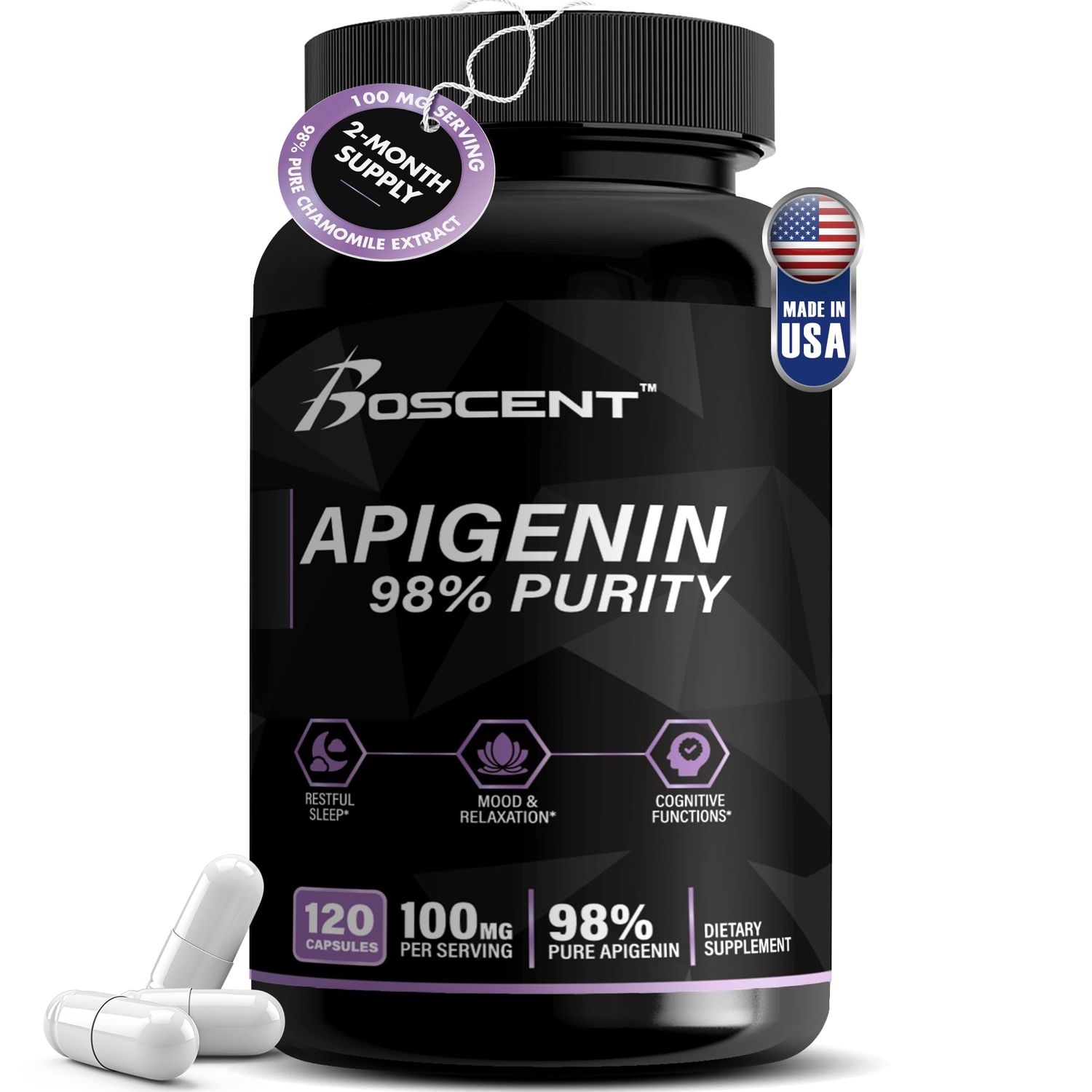 Apigenin Supplement 100mg from Chamomile Extract 120 Count - 98 purity- Apigenin Supplement for Sleep, Mood, Cognition, Prostate health - Excellent sleep aid, Non-GMO, No Fillers - 4-Month Supply