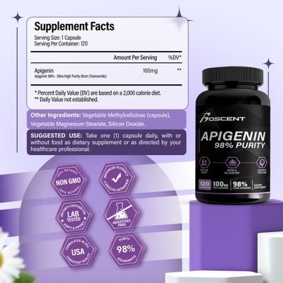 Apigenin Supplement 100mg from Chamomile Extract 120 Count - 98 purity- Apigenin Supplement for Sleep, Mood, Cognition, Prostate health - Excellent sleep aid, Non-GMO, No Fillers - 4-Month Supply