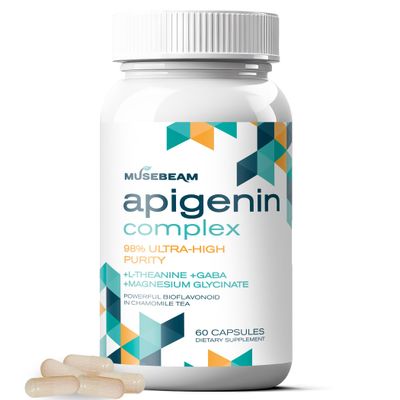 musebeam Apigenin Supplement for Sleep - 50mg Apigenin per Capsule with Magnesium Glycinate 275mg L-Theanine 100mg GABA 100mg - 98 Ultra-High Purity - Melatonin Alternative (1 Pack)
