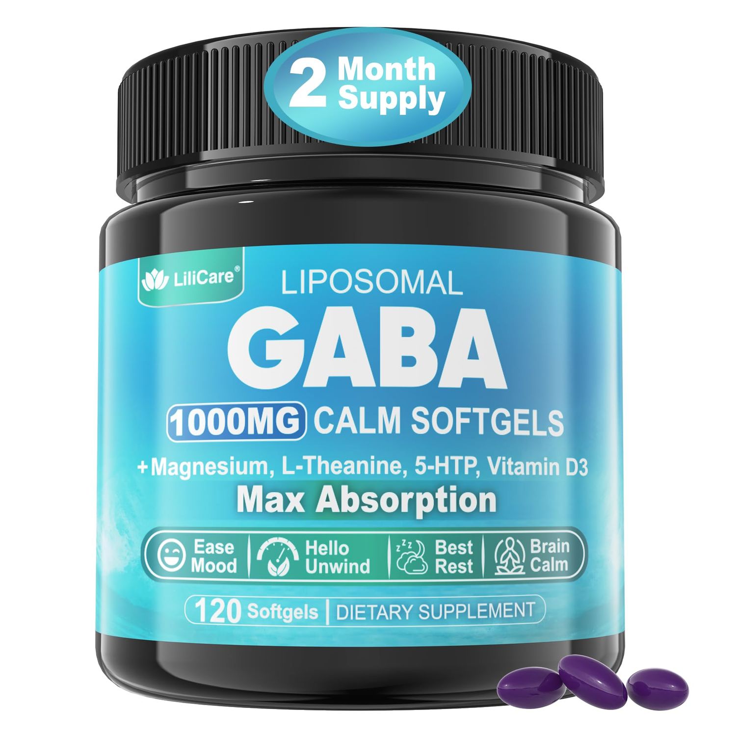 LILICARE GABA Supplement - 1000 mg Liposomal Form for Optimal Absorption,GABA with L-Theanine, Magnesium Glycinate, 5HTP, Vitamin D3 for Brain Calm, Mood, Zzz Better - Melatonin-Free 120 Softgels.