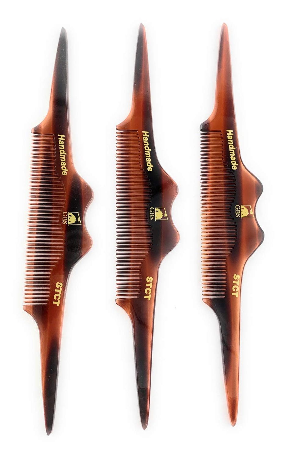 G.B.S Stylish STCT Handmade Hair Comb- Cellulose Acetate Unbreakable Combs, Mustache Comb for Mens, Teasing Hair Comb, Unique Design, Tortoise Shell Anti-Static, Fine Tooth Pack of 3
