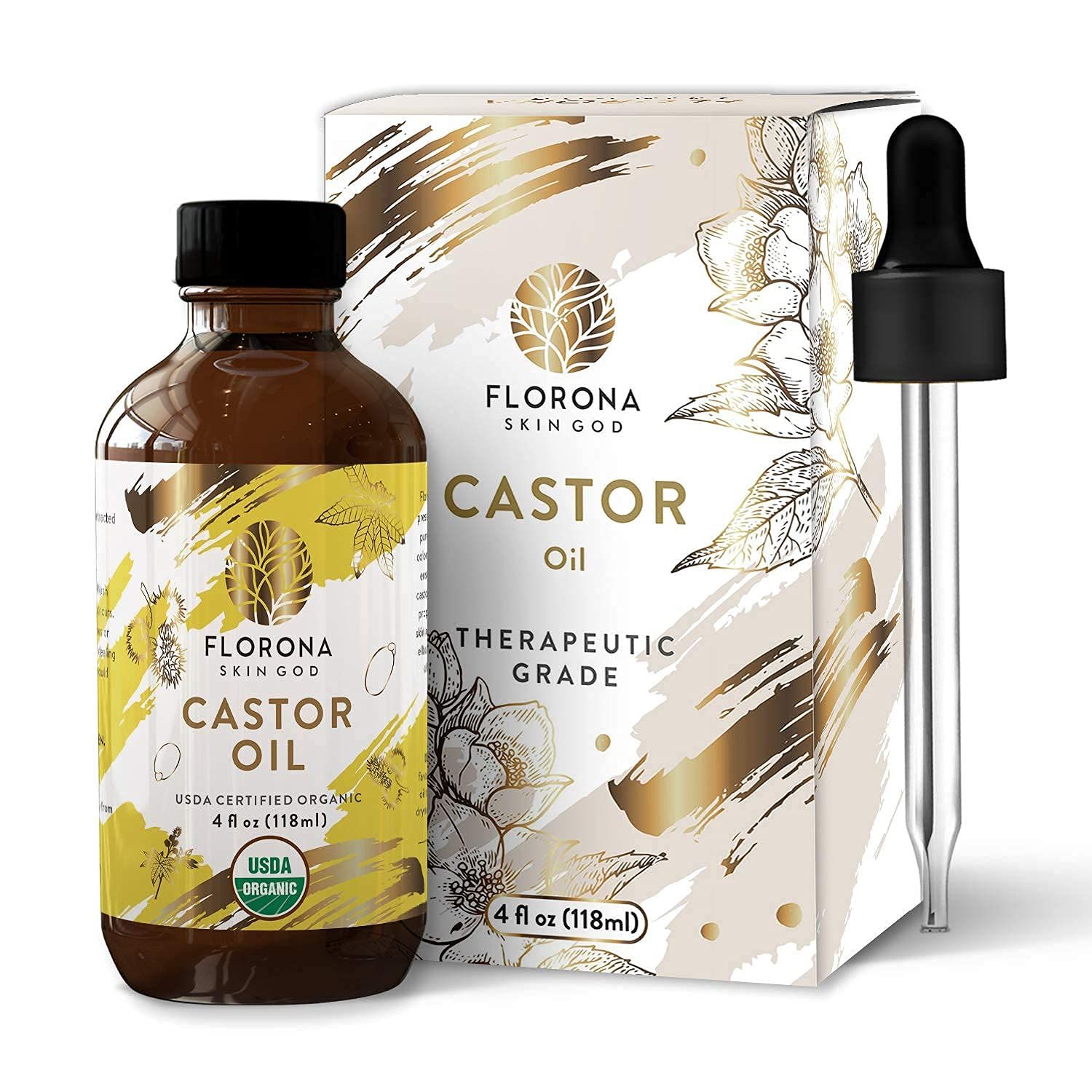 FLORONA Castor Oil 4 fl oz for Hair, Lashes Brows 100 Pure Cold-Pressed USDA Certified Organic to Strengthen, Moisturize Condition