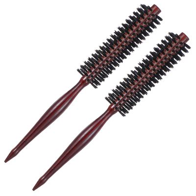 Wanmu 2 Pcs Small Round Brush, Natural Boar Bristle Hair Brush, Portable Mini Round Brushes with Wood Handle for Women and Men Short or Thin Hair, Beard Fine, Drying, Styling, Curling, Restore Shine