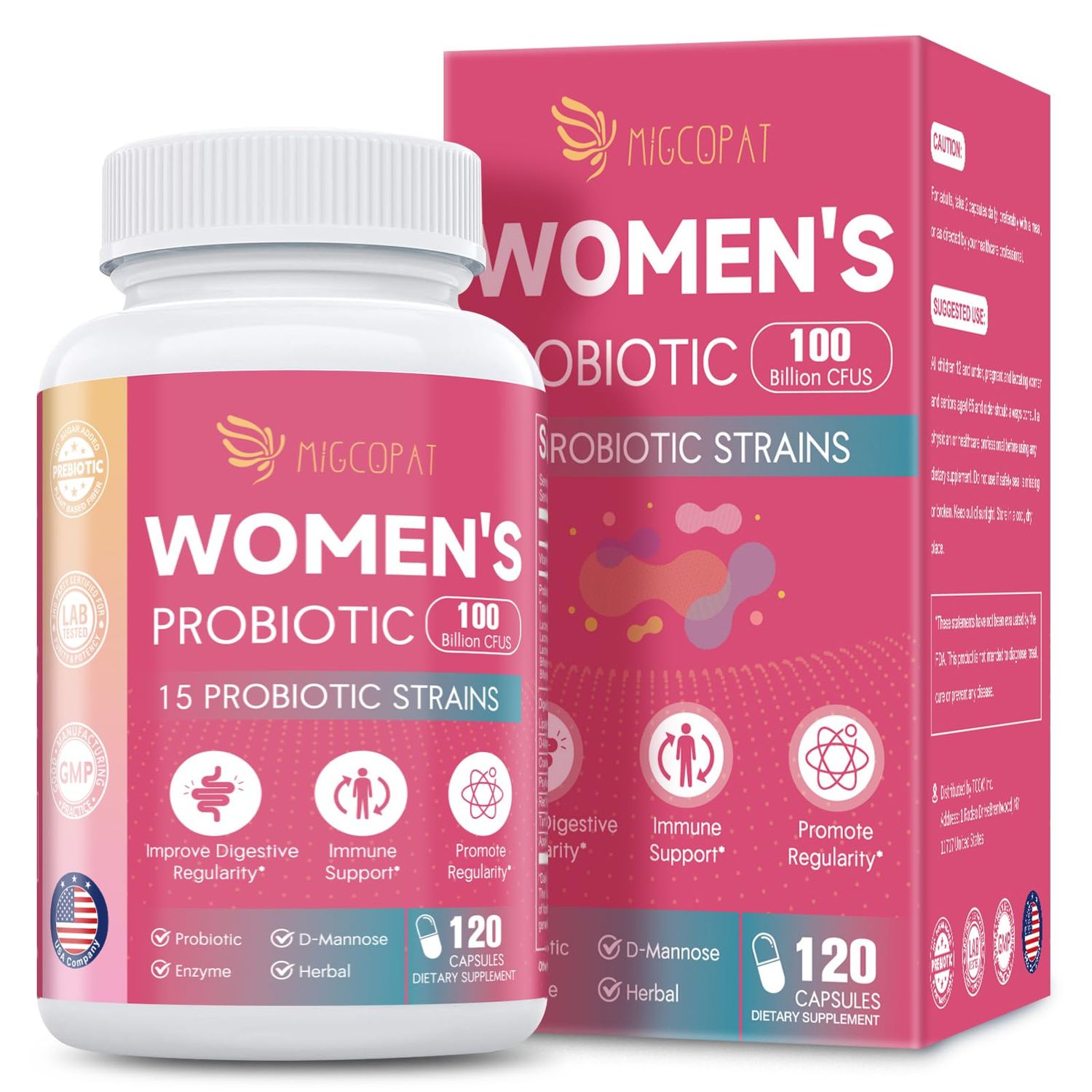 Probiotics for Women, 100 Billion CFU Womens Probiotic with Prebiotics, Digestive Enzymes, D-Mannose Cranberry Extract for Immune Support, Vaginal Urinary Health, Digestive Balance - 120 Capsules