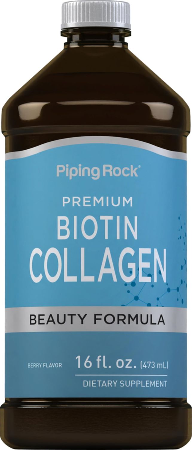 Piping Rock Liquid Collagen and Biotin 16 fl oz Premium Beauty Formula Supplement Type 1 and 3 Berry Flavor Non-GMO and Gluten Free