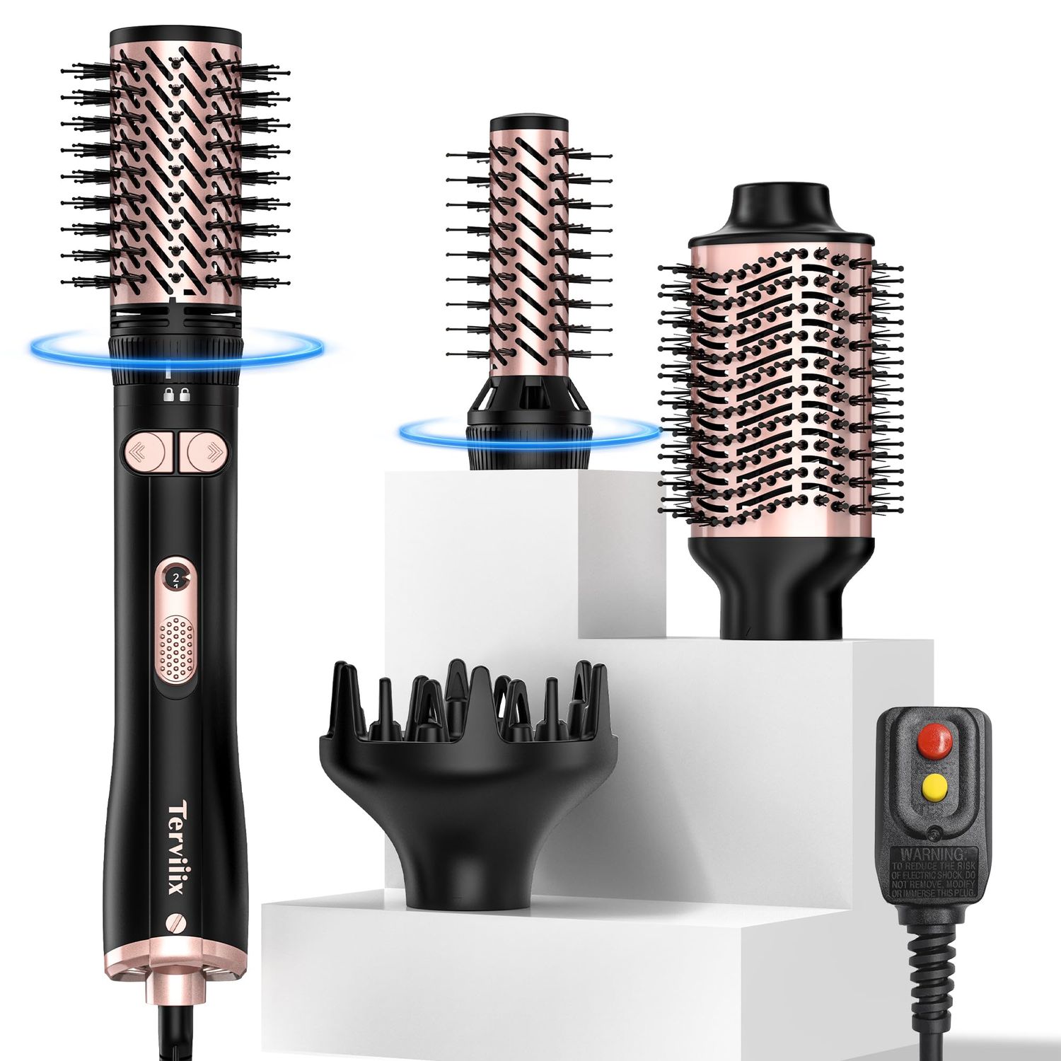 Terviiix 4-in-1 Hot Air Rotating Blow Dryer Brush Kit - 1000W with Rotatable Round Brushes (2 Sizes), Oval Volumizer, and Diffuser - Ideal for Curly Hair, with Arthritis-Friendly Big Buttons, Black