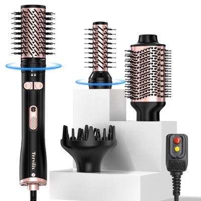 Terviiix 4-in-1 Hot Air Rotating Blow Dryer Brush Kit - 1000W with Rotatable Round Brushes (2 Sizes), Oval Volumizer, and Diffuser - Ideal for Curly Hair, with Arthritis-Friendly Big Buttons, Black