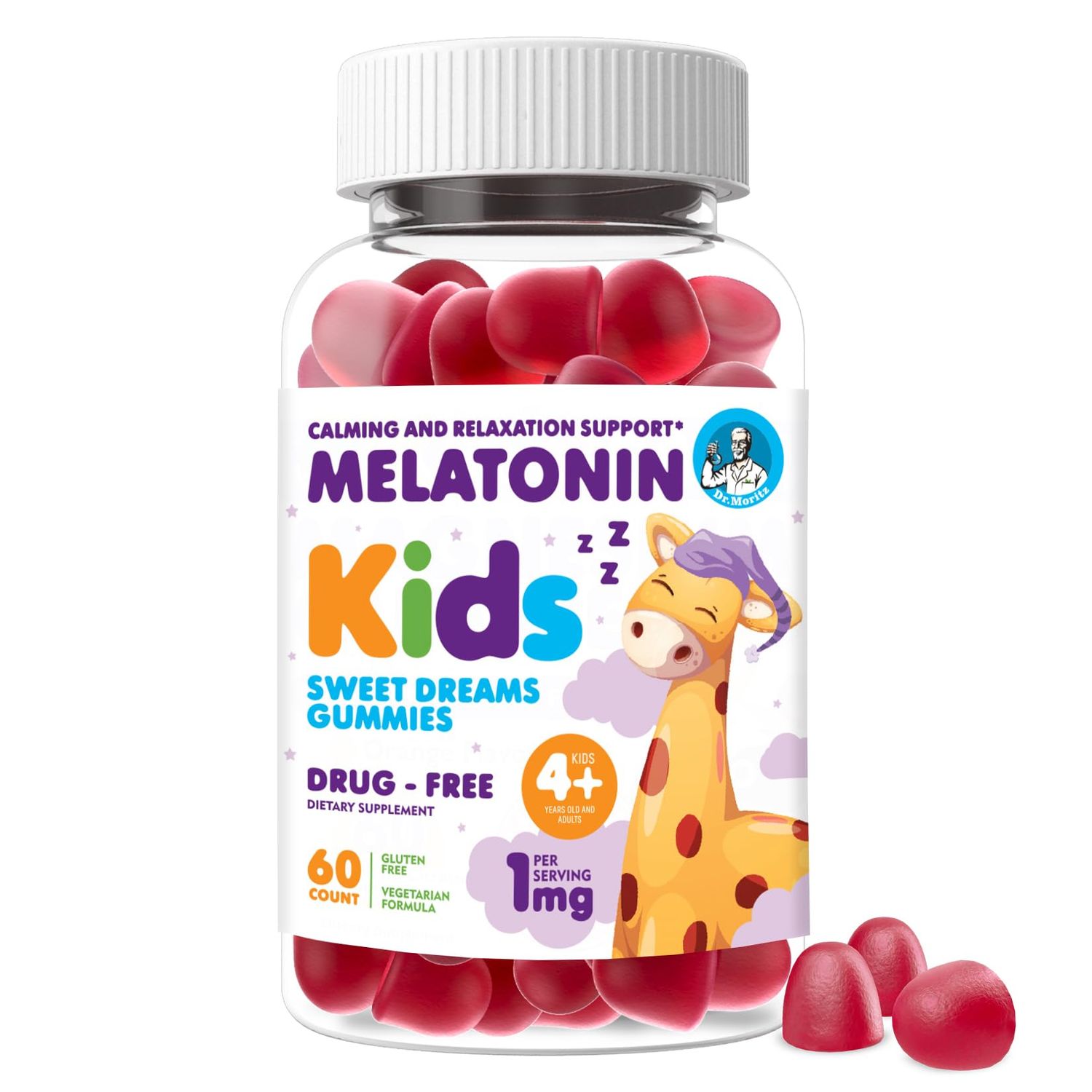 DR. MORITZ Melatonin Gummies for Kids and Adults Childrens Gummy with Strawberry Flavor - Chewable 1mg Melatonin Gummies for Teens - Melatonin for Kids (60 Count)