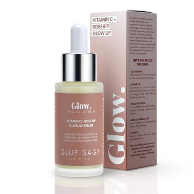 Blue Sage Vitamin C Rosehip Glow up Daily Facial Serum Natural Anti-Aging Skin Care Face Serum - Hyaluronic Acid, Witch Hazel and Glycolic Acid to smooth, Tighten and Brighten skin
