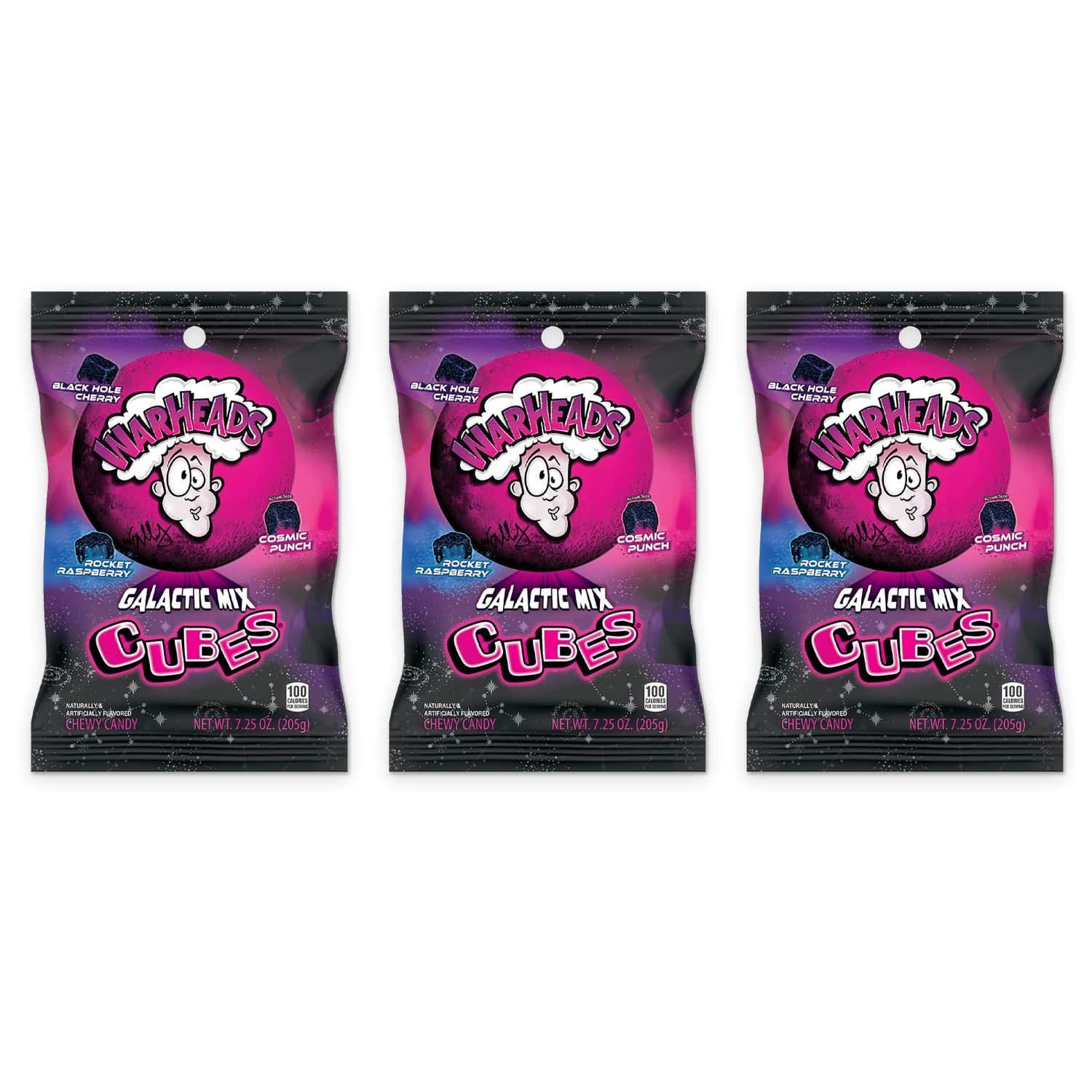 WARHEADS Galactic Mix Cubes - Sour Sweet Fruity Chewy Candy - Black Hole Cherry, Rocket Raspberry Cosmic Punch Flavors - 7.25 oz. Bags - 3 Pack
