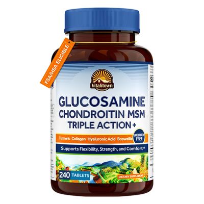 Vitalitown Glucosamine Chondroitin MSM Triple Action Supplement Turmeric, Collagen, Boswellia, Hyaluronic Acid 12 Ingredients for Flexibility Mobility 240 Tablets, No Shellfish