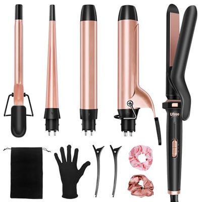 Ufree 5 in 1 Curling Iron with Interchangeable Ceramic Barrels (0.35&quot;-1.25&quot;), Curling Wand Set with Flat Iron Hair Straightener, Instant Heat Up, Dual Voltage Hair Curler, Gifts for Women