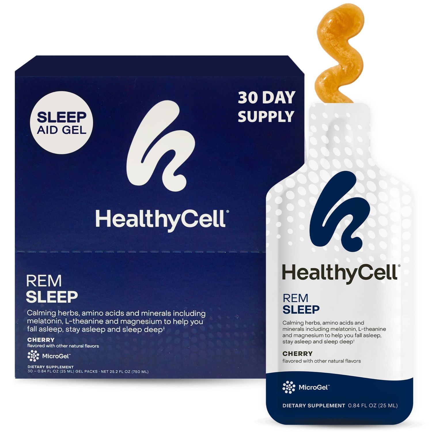 Healthycell REM Sleep Aid Supplement for Adults - Liquid Gel Extra Strength Sleep Supplement with Melatonin, Magnesium, L-Theanine, GABA Natural Calming Herbs - 30 Gel Packs, Cherry Flavored