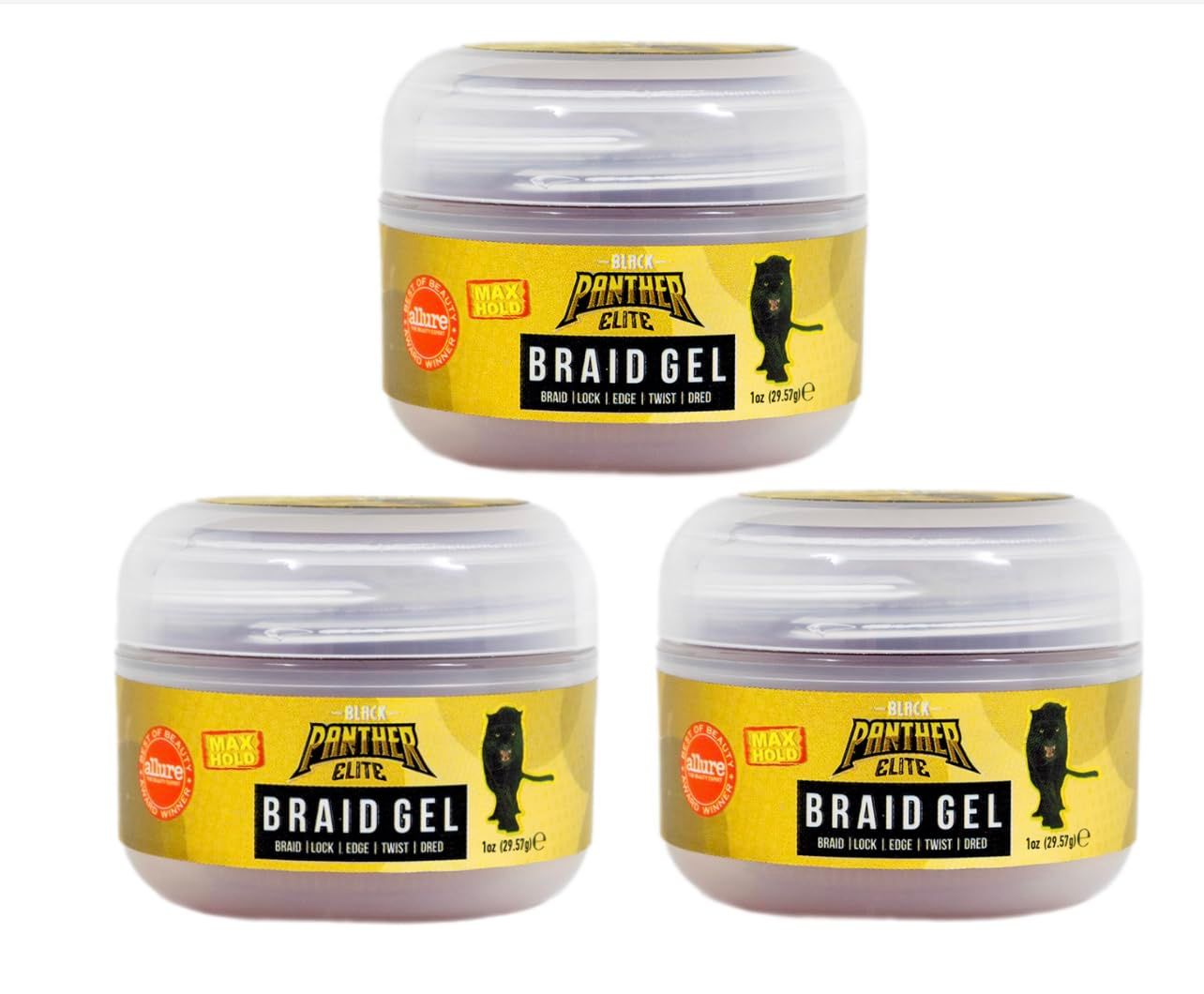 Black Panther Elite Edge Braid Control Pomade For Braids, Locs N Twists, Edges. Styling Hair Gel, Strong Hold, All Hair Types, 1 Oz (3 Piece Pack)
