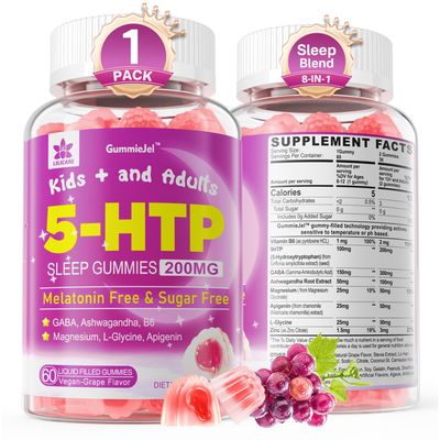 5HTP Gummies for Adults Kids 8, Melatonin Free Gummies with Magnesium Glycinate, GABA, L-Glycine, Ashwagandha, Vitamin B6 for Delicious Zzzs, Brain Muscle Relaxation, 0 Sugar 60 Count (Pack of 1)