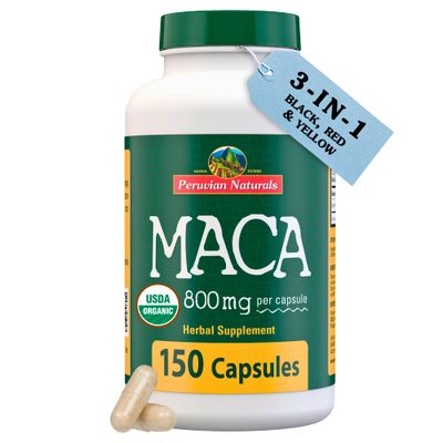 Organic Maca Root Capsules for Women Men 2400mg per Serving - 150 Pills Black, Red, Yellow Maca Supplement - Gelatinized Macaroot, Non-GMO, Vegan by Peruvian Naturals