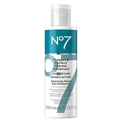 No7 Protect Perfect Intense Advanced Cleansing Water - Dual Action Facial Cleanser Makeup Remover - Cleansing Facial Water Natural AHA Exfoliant for Smoother, Brighter Skin Hydration (6.7oz)